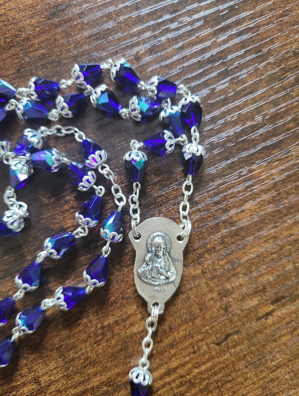 Deep Sapphire Crystal Rosary Necklace with Silver Medal